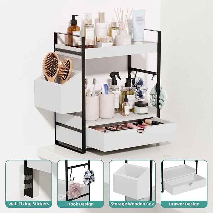 Kottwca 2-Tier Bathroom Counter Organizer with Drawer, Basket & Hooks, Wooden Vanity Shelf for Skincare, Perfume & Makeup Storage(White)