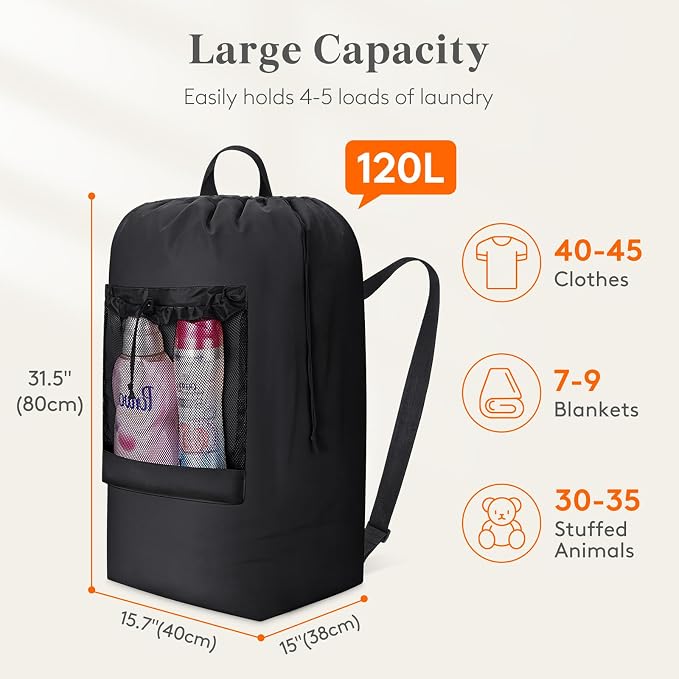 Lifewit Laundry Bag Backpack Travel, 120L, Black | Extra Large Bag with Shoulder Straps and Mesh Pocket for Laundromat, Heavy Duty Basket for Dirty Cloth College Dorm Apartment