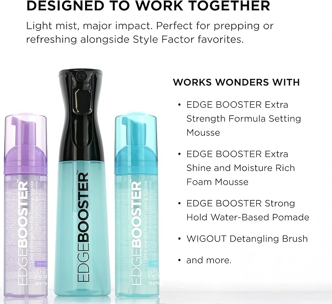Style Factor Edge Booster Mist Spray Bottle for Hair (10.1oz/300ml) - Continuous Ultra Fine Mist Sprayer – For Hairstyling, Salons, Cleaning, Plants, Essential Oil & More - Aqua Green