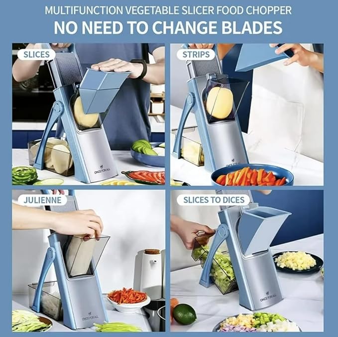 Mandoline Slicer Vegetable Cutter with Container - No Blade Change Needed, Adjustable 0.1-8mm Thickness, Stainless Steel, Hand Guard, Julienne Waffle Cuts for Meal Prep (Green)