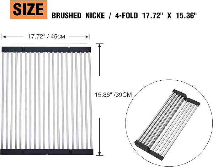 Foldable Over Sink Dish Drying Rack, 304 Stainless Steel Kitchen Drain Rack for Tableware, Detachable Silicone Edge, Rectangular Tubing (Brushed Nickel, 4 Fold 17.72" x 15.36")