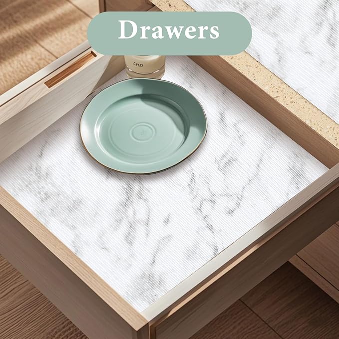 2-Layer Drawer and Shelf Liner for Kitchen Cabinet: 12 in X 20 Ft Non Slip Waterproof Shelf Paper Non Adhesive Refrigerator Liners White Marble Easy Liners for Bathroom with Knife Tape Measure | Waterproof Shelf Paper Non Adhesive Refrigerator Liners W...