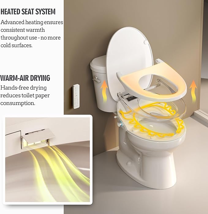 WLJBIDET Bidet Toilet Seat with Remote Control, Electronic Heated Bidet Seat with Adjustable Warm Water and Pressure, Warm Air Drying, Display Screen, Night Light, Slow Closed Toilet Lid, Elongated
