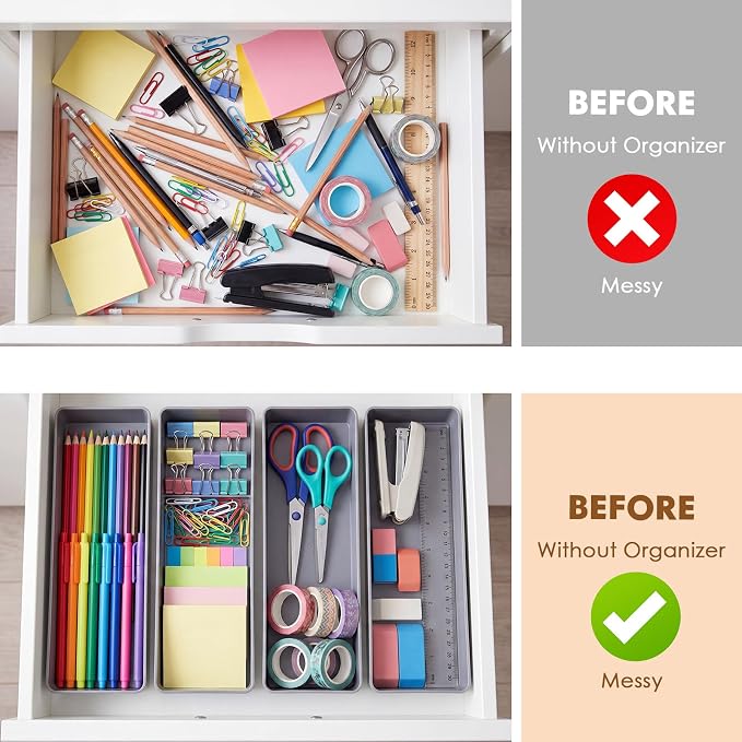 Teling 6 Pcs Grey Large Rectangular Desk Organizer Set, Half Accessory Tray, Plastic Tabletop Organizer for Office, Home, or Study, Dimensions: 9.45 x 2.95 x 1.38 Inches
