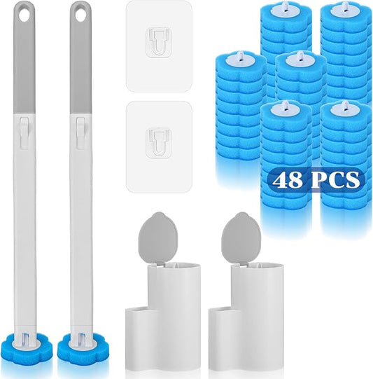 2 Pack Disposable Toilet Brush and Holder Set, Extended Handle Toilet Bowl Cleaner Wand with 48 Refills Replacement Heads Pads Bathroom Maintenance Bathtub Stick Cleaning System Starter Kit