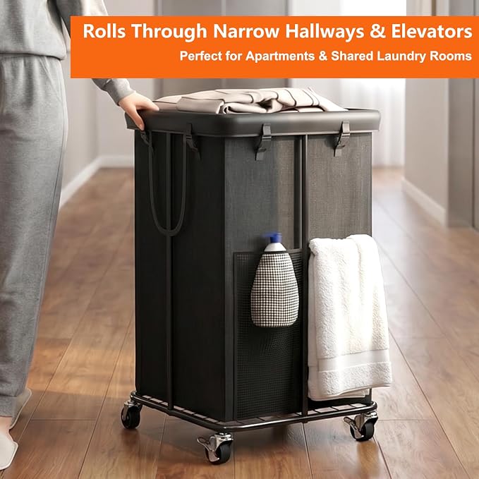 Laundry Hamper with Wheels, 150L Rolling Laundry Basket with Bag & Handles | Sturdy Metal Frame | Removable Bag | Large & Tall Dirty Clothes Hampers for Laundry Room, Bedroom, Dorm, Bathroom-Black