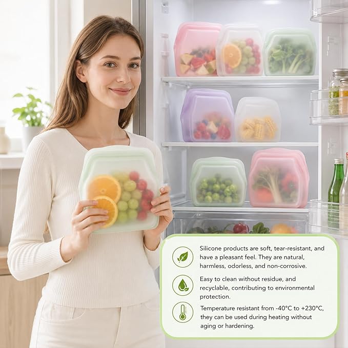 Everbag Silicone Storage, Everbag Food Storage Bags, Reusable Storage Bags, Leak-Proof Upright Freezer Bags (Purple+Green)