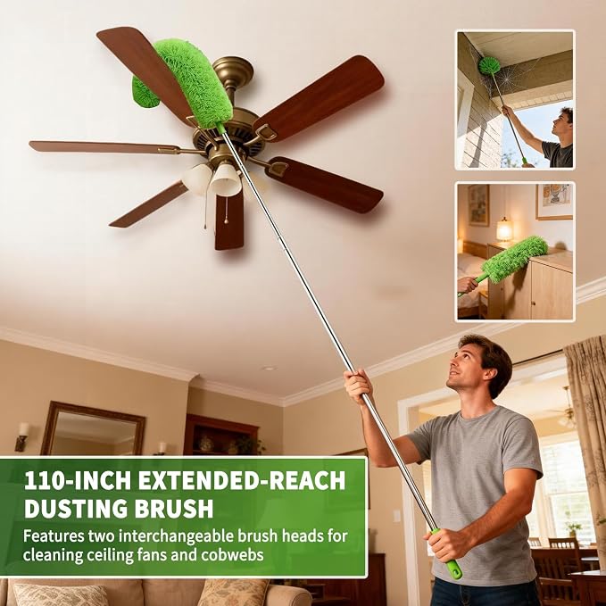 Cobweb Duster with Extension Pole, Washable Cleaning Duster Kit with 3 Duster Heads, Cobweb Duster, Corner Brush, Aluminum Telescoping Pole for high Ceiling Fan，Spider Web Brush with Extension Pole