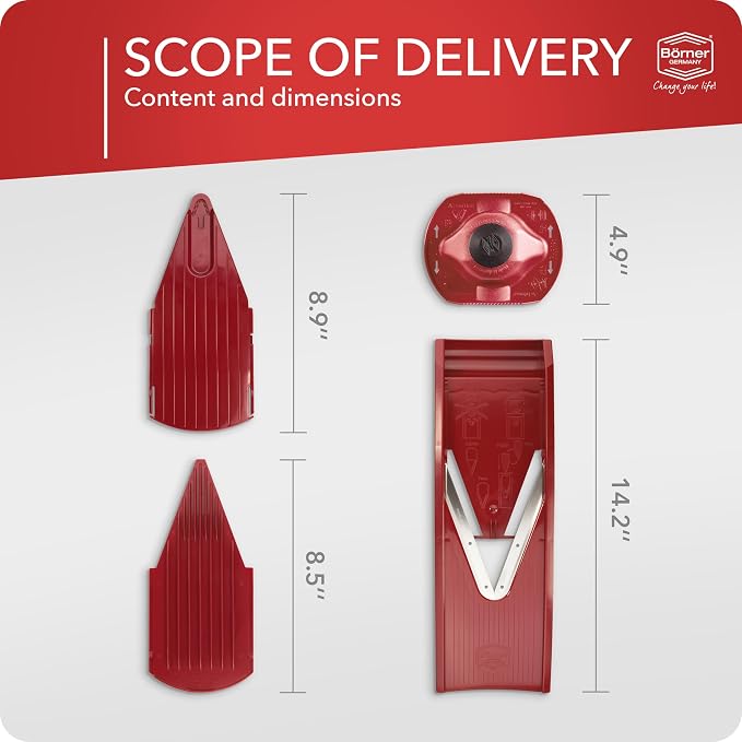 Börner Mandoline Slicer V1 (Basis Set) • V-Slicer with 2 Inserts & Fruit Holder • Adjustable Kitchen Slicer for Vegetables & Fruits • Vegetable Cutter • 3 Thickness Settings • Color: Red