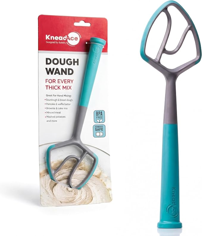 KneadAce Dough Wand, Danish Dough Whisk for Sourdough Baking, Dough Mixer with Silicone Scraping Edges, Self Standing Bowl Mixing Tool (Gray/Turquoise)