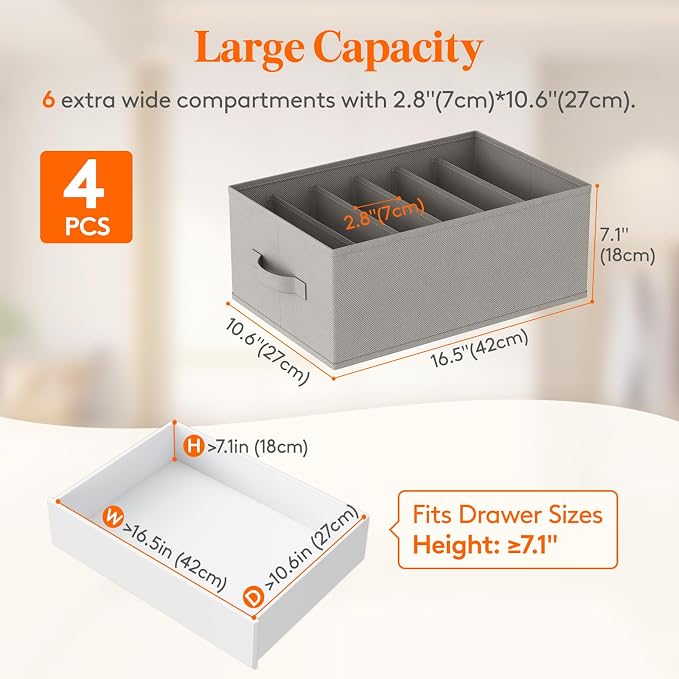 Lifewit 4 Pack Clothes Organizer, 6 Grids Closet Jean Storage Bins with Handles and Support Boards, Foldable Drawer Organizer for Sweater, Pants, T-shirt, Dress, Grey, 42 x 27 x 17 cm/16x10x7''