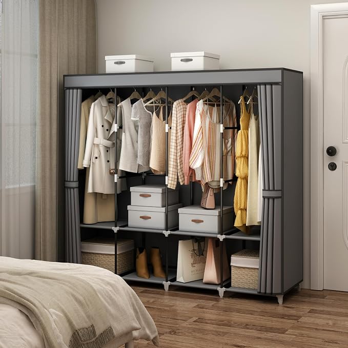 67" Portable Wardrobe Closet for Hanging Clothes, 8 Shelves 4 Rods & Cover