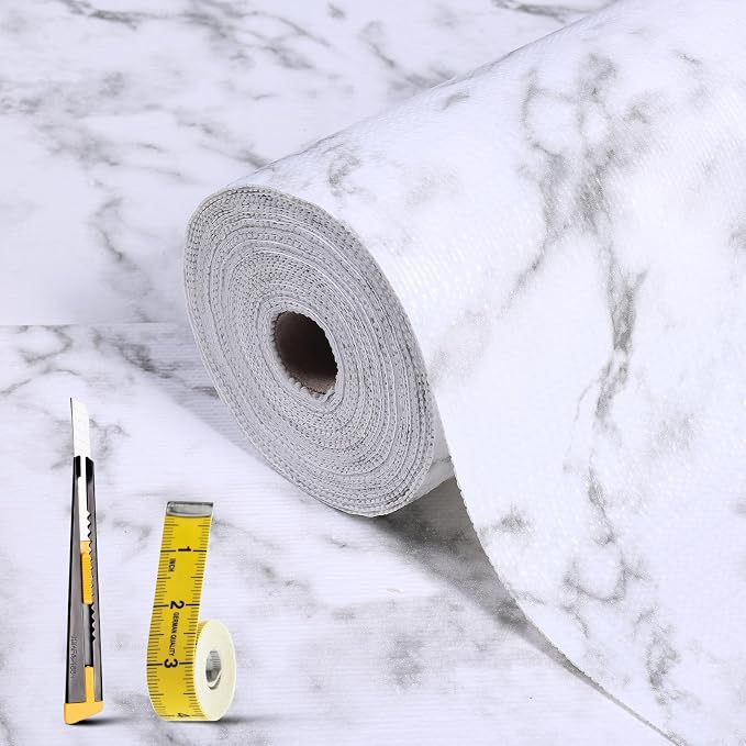 2-Layer Drawer and Shelf Liner for Kitchen Cabinet: 23.6in X 20Ft | Non Slip Waterproof Shelf Paper Non Adhesive Refrigerator Liners White Marble Easy Liners for Bathroom