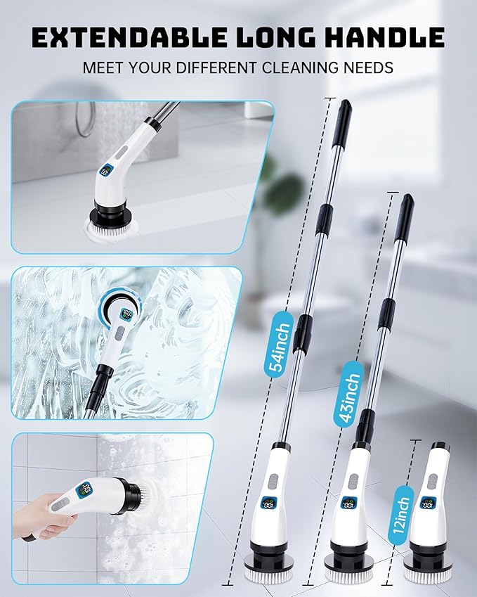 Electric Spin Scrubber for Bathroom | Shower Cleaner Brush with Long Handle | Dual Speed Cordless Power Scrubber with 7 Brushes Heads | IPX7 Waterproof Scrub Brush for Bath Tub Tile Grout Glass Tool