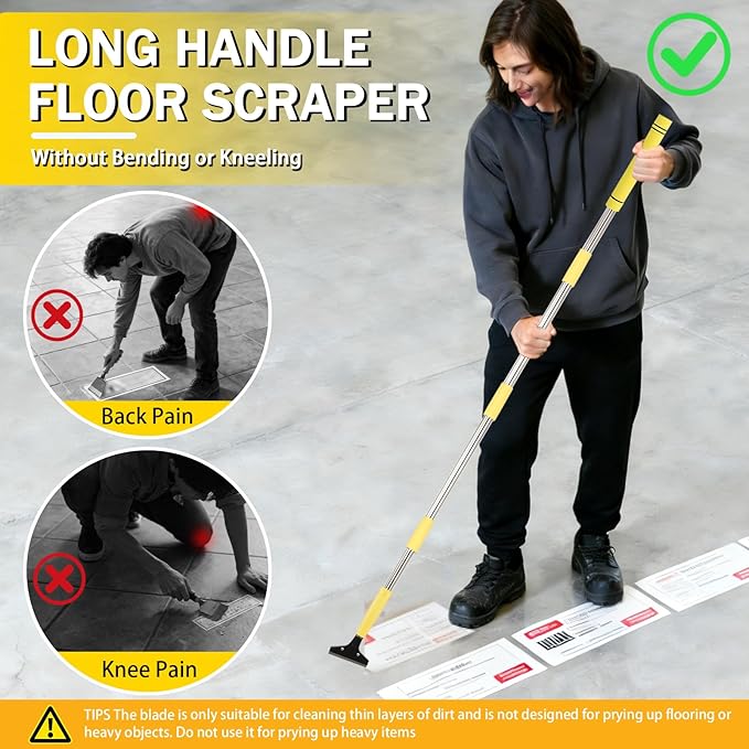 Floor Scraper Heavy Duty Long Handle,61in 4"Razor Blade Floor Scraper Adjustable with 10PCS Extra Metal Blades Paint Scraper for Cleaning Stickers Gum Glass Wall Tile Linoleum Stove Top