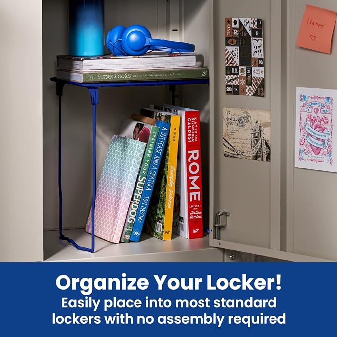 LockerMate Stac-A-Shelf Locker Organizer Shelf, Stackable, Extra Tall, Fits Standard Size School Lockers, Blue