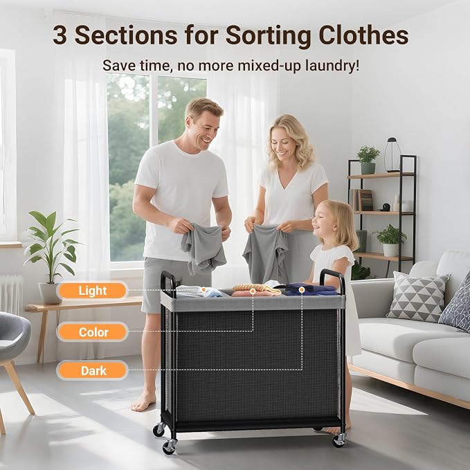 ELYKEN Laundry Hamper 3 Section, 120L Rolling Laundry Sorter with Wheels | Removable Washable Liner Bags, Sturdy Steel Frame and Metal Handle, 3 Compartment Clothes Organizer for Laundry Sorting