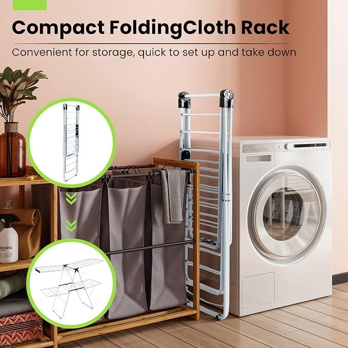 COSTWAY Clothes Drying Rack, Foldable 2 Tier Clothing Laundry Rack | Height-Adjustable Wings, 33 Drying Rails & Sock Clips, Portable Space Saving Racks for Apartment, RV, Indoor & Outdoor Use