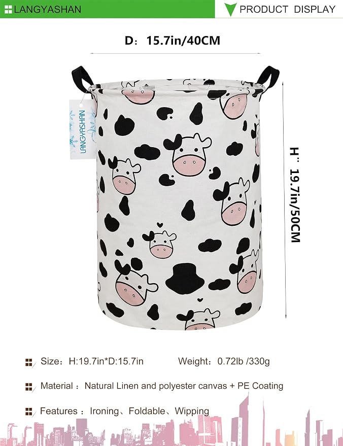Round Laundry Basket Collapsible Storage Hamper Organizer Spotted Cow | Waterproof Canvas Foldable Baskets with sturdy Handles Multi-scene Organizer for Home Play Bedroom Gift Bin