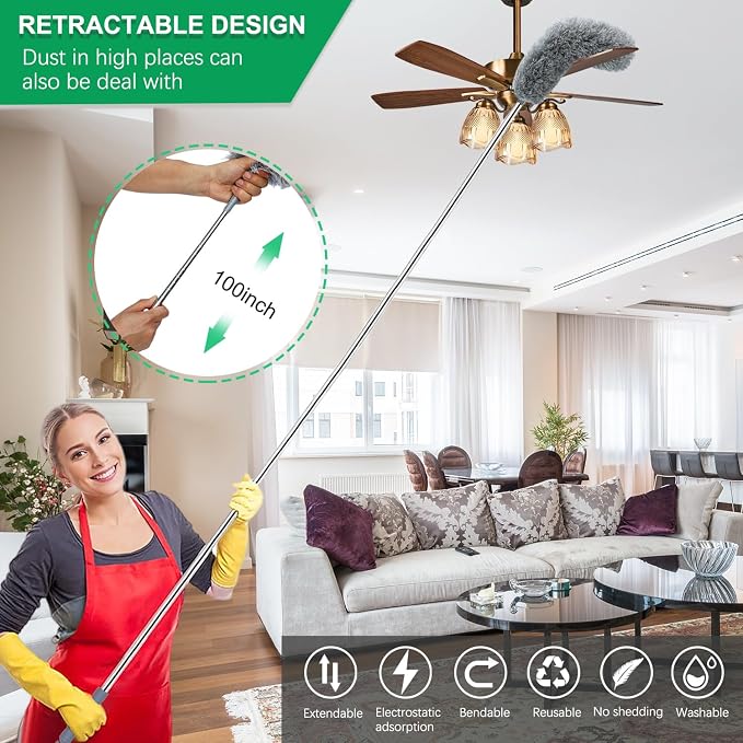 100" Microfiber Feather Dusters for Cleaning, Cobweb Duster with Extension Pole, Spider Web Brush & Ceiling Cleaning Tools, Dust Remover Set for Cleaning High Ceilings, Furniture, Ceiling Fan, Blinds