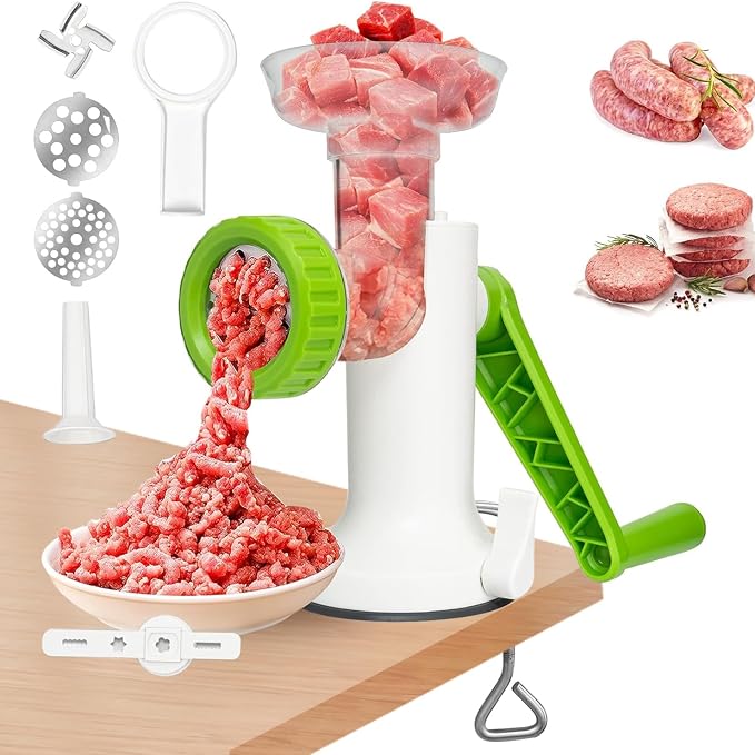 LHS Manual Meat Grinder, Heavy Duty Meat Mincer Sausage Stuffer,Hand Grinder with Stainless Steel Blades for Meat, Sausage, Cookies,Green(3 in 1, with table clamp)