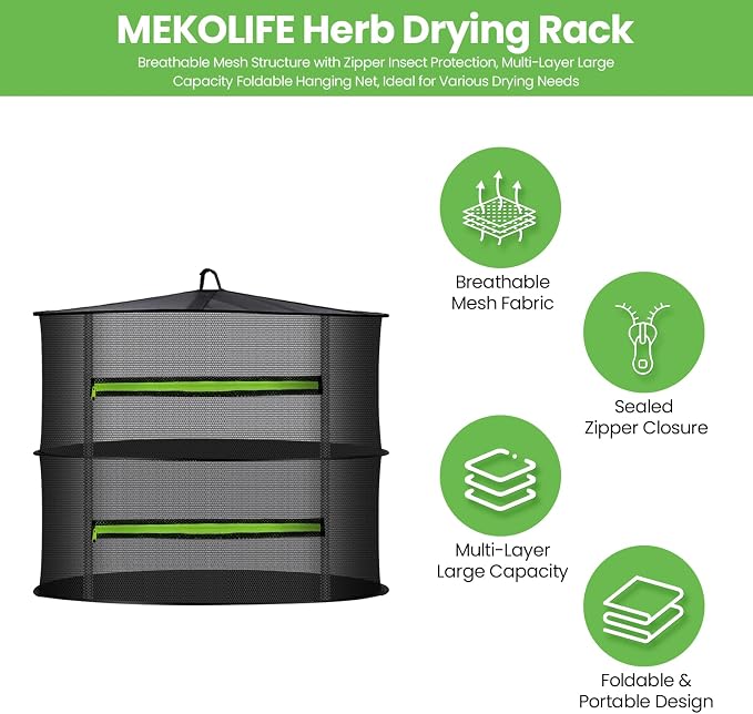 MEKOLIFE 2-Layer Hanging Herb Drying Rack, Small Mesh Net | 11.81 Inch Mesh Drying Rack with Zipper and Hooks, Indoor Outdoor for Herbs, Fruits, Seafood, Camping Food, Socks, Underwear