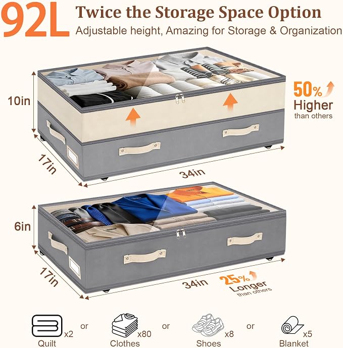 Dolicer 2 Pack Under Bed Storage with Wheels, 6in-10in Height Adjustable Underbed Storage Containers, 92L XXXL Under Bed Drawers Rolling Bin with Clear Lids for Dorm Shoes Clothes Organizers(Grey)