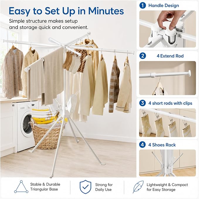 Clothes Drying Rack Foldable, 4-Legged Drying Rack Clothing Floor Standing Laundry Drying Rack Collapsible Drying Racks with Sock Clips & Shoe Holders for Indoor and Outdoor Balcony Bedroom Apartment