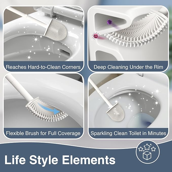 3 Pack Silicone Toilet Brushes & Holders– Includes 3 Crevice Brushes for Bathroom, Long Non-Slip Handle – Durable Bathroom Cleaning Set.