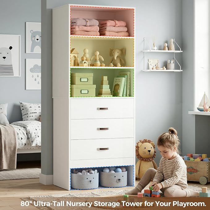 Armocity Freestanding 2FT Closet System with Leather Handles, 24" Walk-in Closets Storage Unit with Cabinet, Wood Wardrobe Closet Organizer and Storage with 3 Drawers for Small Space, Laundry, White