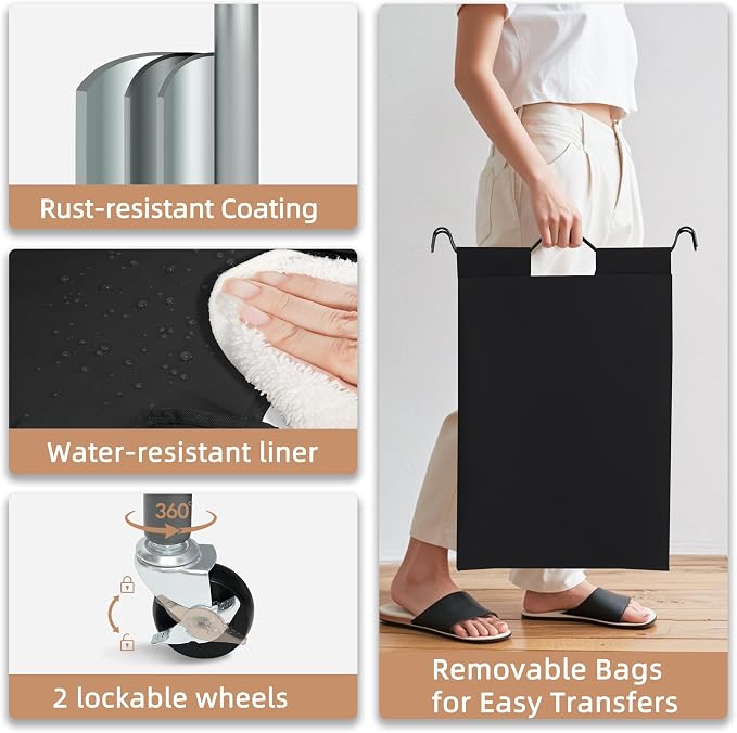 STORAGE MANIAC 5 Section Laundry Sorter, 5 Bins Rolling Separator Laundry Basket, Dirty Clothes Hamper Divider with Heavy Duty Lockable Wheels, Large Clothes Organizer Cart, Black
