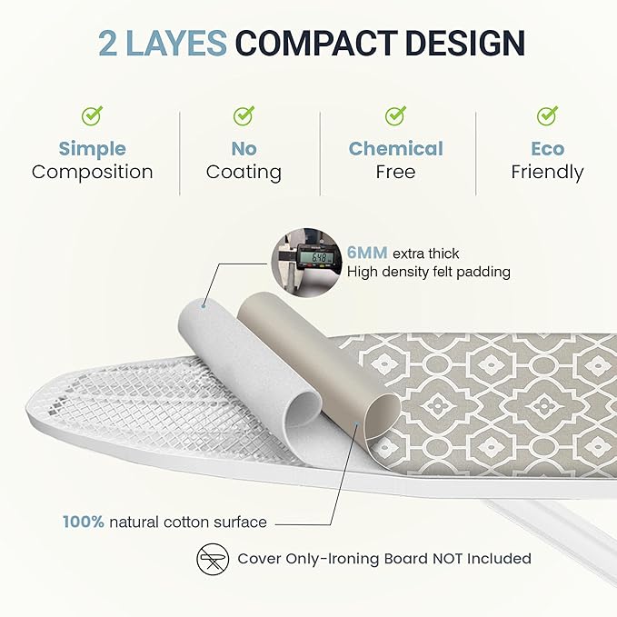 UniSimp Ironing Board Cover and Pad 15"x54" Extra Thick Natural Cotton, Scorch and Stain Resistant Padding, Standard Size Iron Board Cover with Fasteners Heavy Duty Elastic Edge, Heatproof Geometric