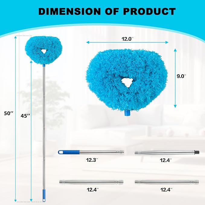 Ceiling Fan Cleaner Duster Reusable Microfiber Ceiling Fan Blade Cleaner Removable Duster with Extension Pole Adjusts 13 to 49.7 Inch for Cleaning Walls Bookshelves Furniture Door Window Top (Blue)