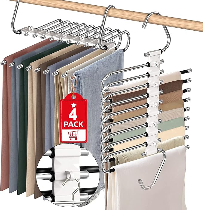 Upgrade 9 Layers Pants Hangers Space Saving, Non Slip Stainless Steel Multifunctional Pants Rack S-Type Clothes Pant Closet Hanger Organizer for Pants Jeans Trousers Scarf Skirts(4 Pack, Antiquewhite)