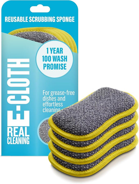 E-Cloth Washing Up Scrub Pad - Microfiber Sponge for Cleaning, Reusable Kitchen Sponge for Dishes & Sink, Non Scratch, Multi Purpose Scrubber, Machine Washable - 4 Pack, Yellow
