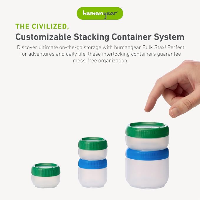 humangear STAX, Stackable Snack Containers - Leak-Proof Snack Travel System - FDA-Food Safe, BPA/PC/Phthalate-Free - Stackable & Click-Together Food Storage, Medium Short 12-Pack, Clear/Forest Green