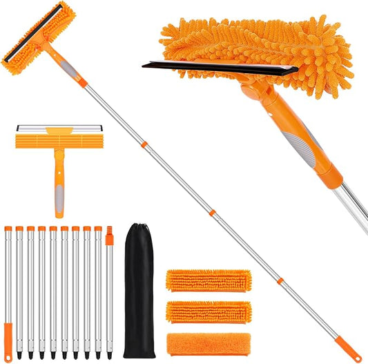 152'' Window Cleaning Kit, 2 in 1 Window Squeegee with Extension Poles, Window Cleaner Tools for Indoor/Outdoor High Window, Car, Glass
