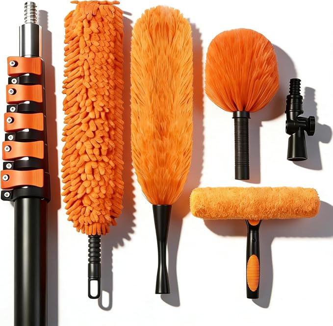 35FT High Reach Duster Kits with 5-29FT Extension Pole, Cobweb Duster with Telescoping Pole, Washable Ceiling Fan Cleaner & Window Squeegee for Glass Surfaces & High Roof