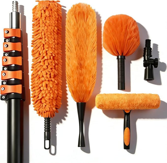 35FT High Reach Duster Kits with 5-29FT Extension Pole, Cobweb Duster with Telescoping Pole, Washable Ceiling Fan Cleaner & Window Squeegee for Glass Surfaces & High Roof