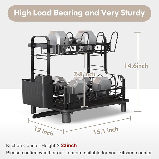BOOSINY 2 Tier Dish Drying Racks for Kitchen Counter with Utensil Holder | Space Saving Black Stainless Steel Dish Drainer with Drainboard & Cups Holder for Small Space, Rust Proof, Auto Drain