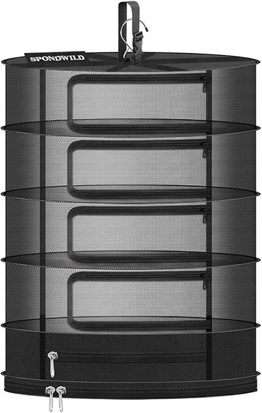 Herb Drying Rack Hanging Mesh, 18" Diameter 5 Layer Plant Drying Rack with Door Type Zipper & Closed Storage Compartment for Folding Basket Dryer Fitting in Grow Tents, Garden Outdoor