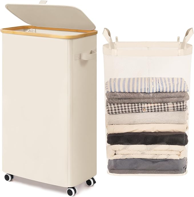 Goodpick 75L Slim Rolling Laundry Hamper with Lid, Beige | 17 × 9.8 × 29.5 in, Removable Laundry Bag, Handles, Dorm, Bathroom & Bedroom Organization, Dirty Clothes Storage