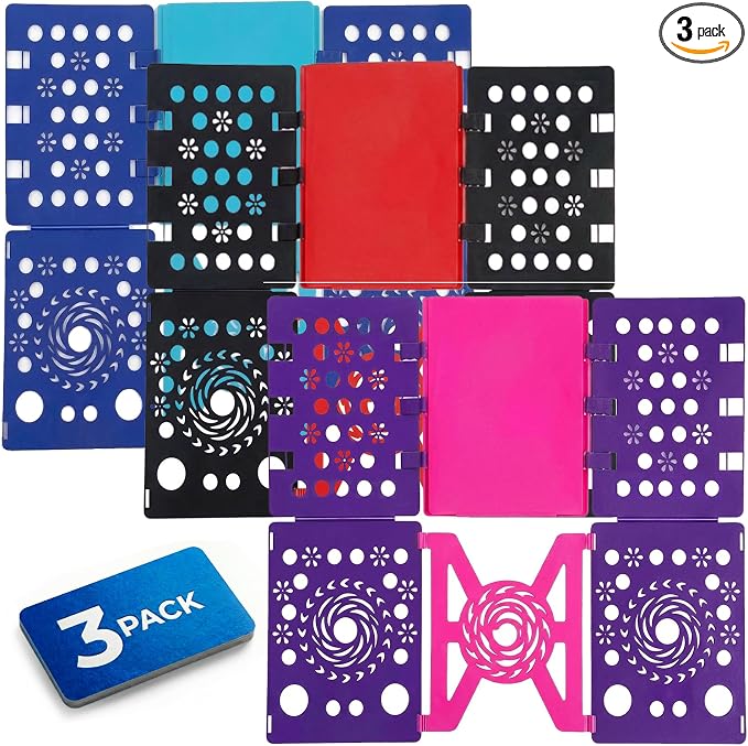 3Pack Foldable Laundry Board | Portable Shirt & Clothes Folder Organizer | Quick Folding Tool for Home & Travel（ Black Red, Cyan Blue and Pink Purple ）