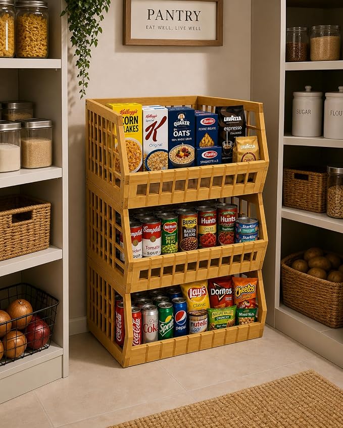Bamboo Stackable, Open Front, Large Storage Bins - Lattice Design Set of 3