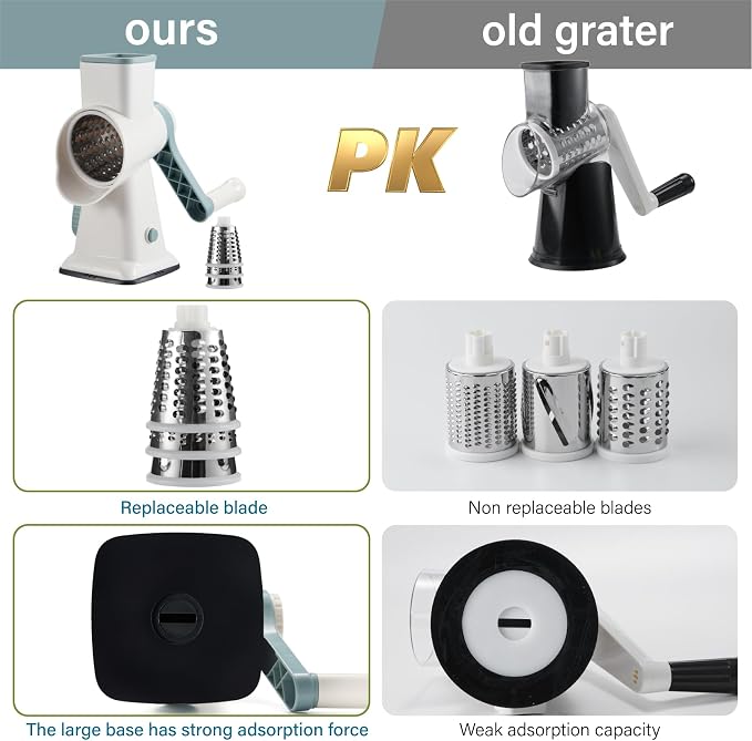 Rotary Cheese Grater hand crank 3 blades with Stronger Suction Base | Stainless Steel Blades for Fruits, Vegetables, Nuts. Dishwasher Safe & Easy to Clean, White