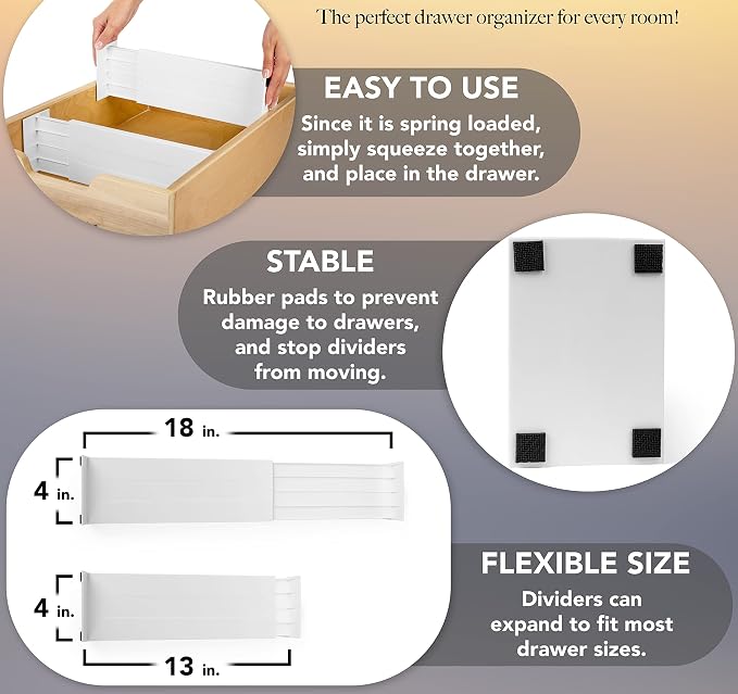 Dial Industries Adjustable Dresser Drawer Clothes Organizer Dividers, Set of 2, 4.5" Deep | Slides apart to fit drawers of any length, Separates socks, underwear and small items, Great for bedroom or bathroom drawers