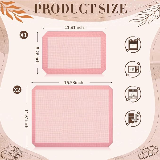 3 Pack Perforated Baking Mat, Eclair Pink Silicone Non Stick Baking Mats 2 Half Sheets & 1 Quarter Sheet, Food Reusable Safe Oven Liners Mats for Cookie Bread Pizza Pastry 16.5" x 11.6"pink