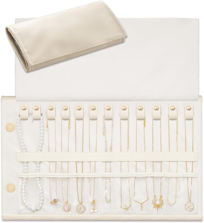 Lolalet Travel Necklace Organizer, Foldable Jewelry Case, Beige, 12 Slots | Tangle-Free, Roll Up, PU Outer, Velvet Lining, Space-Saving, for Chains Bracelets, Gift for Women Girls Daughters Friends