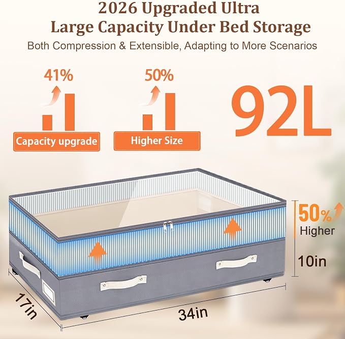 Dolicer 2 Pack Under Bed Storage with Wheels, 6in-10in Height Adjustable Underbed Storage Containers, 92L XXXL Under Bed Drawers Rolling Bin with Clear Lids for Shoes Clothes Organizers(Gray Stripes)