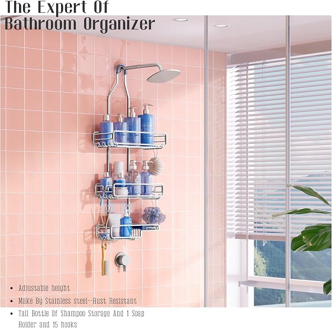 Skyapex Shower Caddy Hanging Bathroom Organizer: Over Head Adjustable Rack for Tall Showerhead - Extra Large Storage Shelf for Big Shampoo Bottles with Soap Holder